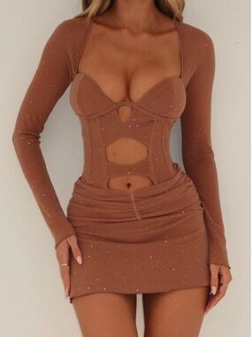 Outcast Aubrey Mini Dress Corset Long Sleeve Cutout Taupe Sparkle